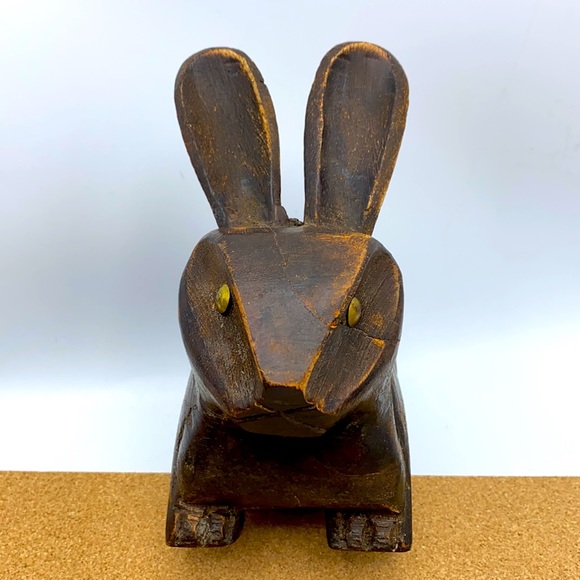 Vintage Handmade Primitive Bunny Rabbit Primitive Rustic Brown Hand Carved Wood - Picture 7 of 13